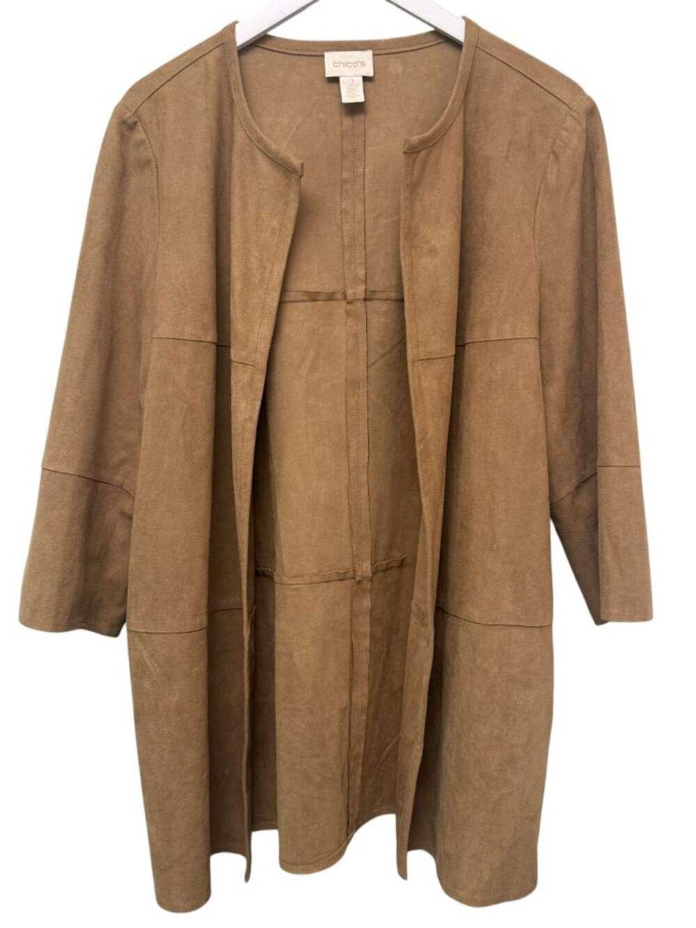 CHICOS Faux Suede Duster Jacket Large Tan Brown Open Front Western Chic Womens